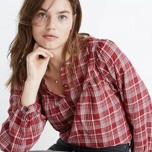 Madewell red plaid peasant top
